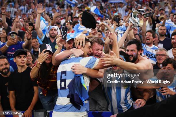 Juan Martin Gonzalez of Argentina celebrates with the fans following the team's victory during the Rugby World Cup France 2023 Quarter Final match...