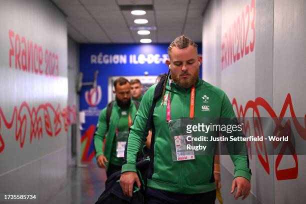 Finlay Bealham of Ireland arrives at the stadium prior to the Rugby World Cup France 2023 Quarter Final match between Ireland and New Zealand at...