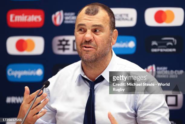 Michael Cheika, Head Coach of Argentina, speaks to the media in the post match press conference following the Rugby World Cup France 2023 Quarter...