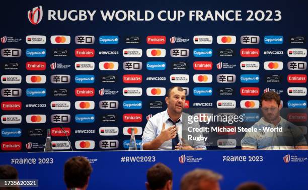 Michael Cheika, Head Coach of Argentina, and Julian Montoya of Argentina speak to the media in the post match press conference following the Rugby...