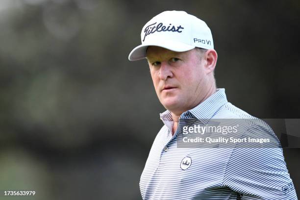 Jamie Donaldson of Wales looks on the 01st hole on Day Three of the acciona Open de Espana presented by Madrid at Club de Campo Villa de Madrid on...