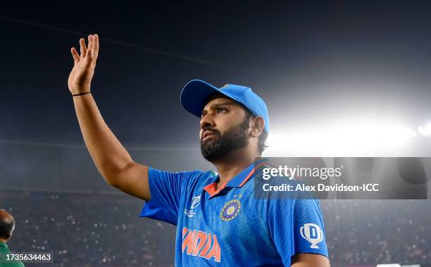 Rohit Sharma of India celebrates after the team's victory during the ICC Men's Cricket World Cup India 2023 between India and Pakistan at Narendra...