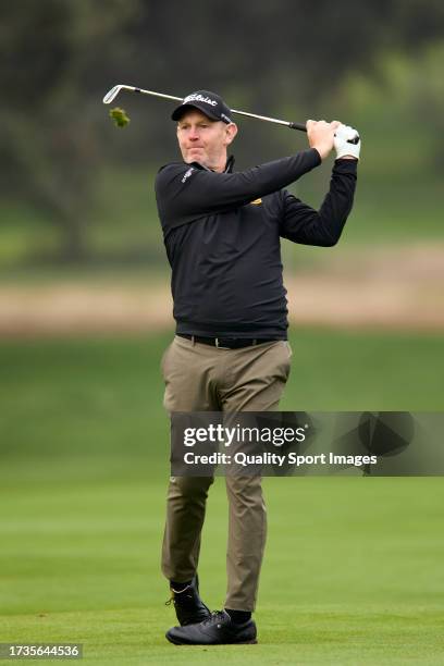 Stephen Gallacher of Scotland plays a shot on Day Three of the acciona Open de Espana presented by Madrid at Club de Campo Villa de Madrid on October...