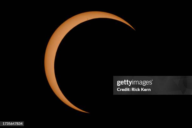 An annular solar eclipse is seen on October 14, 2023 in Boerne, Texas. Differing from a total solar eclipse, the moon in an annular eclipse appears...