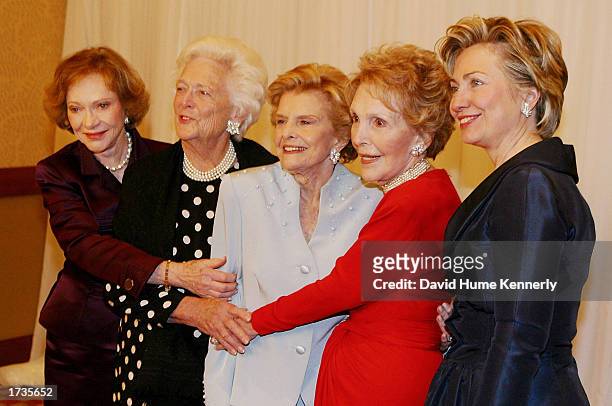 Former first ladies Rosalynn Carter, Barbara Bush, Betty Ford, Nancy Reagan and Hillary Clinton attend the 20th anniversary celebration of the Betty...
