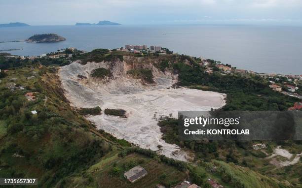 View of the Solfatara crater, part of the Campi Flegrei Volcano in Pozzuoli, the biggest caldera of southern Italy, Campania region.