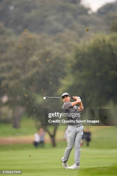 Rafa Cabrera Bello of Spain plays a shot on the 01st hole on Day Three of the acciona Open de Espana presented by Madrid at Club de Campo Villa de...