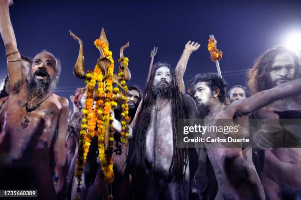 a group of sadhus performs his first shahi snan' (royal bath) during the hindu kumbh mela celebration in hallahabad - kumbh mela 個照片及圖片檔