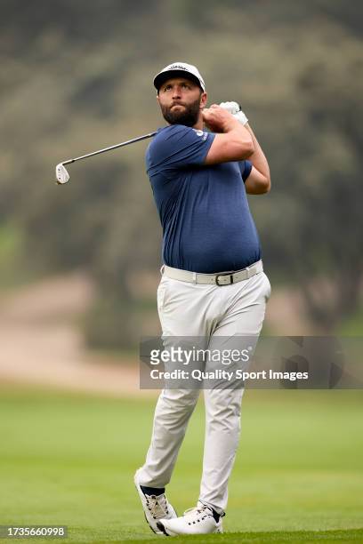 Jon Rahm of Spain plays a shot on the 01st hole on Day Three of the acciona Open de Espana presented by Madrid at Club de Campo Villa de Madrid on...