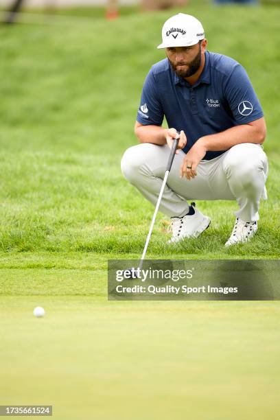 Jon Rahm of Spain studies his shot on Day Three of the acciona Open de Espana presented by Madrid at Club de Campo Villa de Madrid on October 14,...