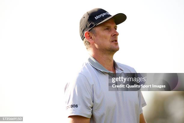 Justin Rose of England looks on the 01st hole on Day Three of the acciona Open de Espana presented by Madrid at Club de Campo Villa de Madrid on...