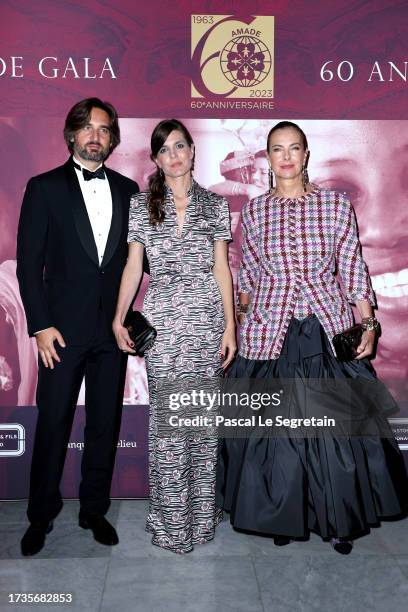 Dimitri Rassam, Charlotte Casiraghi and Carole Bouquet attend the 60th AMADE Anniversary Dinner at Monte Carlo Opera Garnier on October 14, 2023 in...