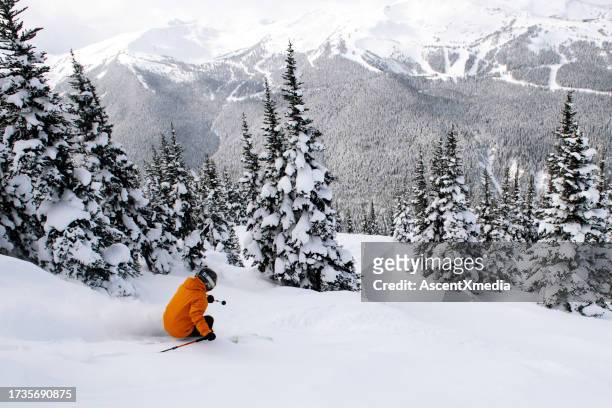 frau skifahren frisches pulver im skiurlaub - skifahren und snowboarden stock-fotos und bilder