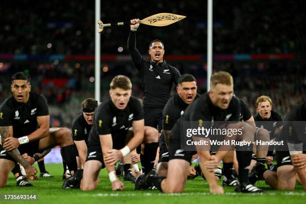 In this handout image provided by World Rugby, Aaron Smith of New Zealand leads the Haka prior to kick-off ahead of the Rugby World Cup France 2023...