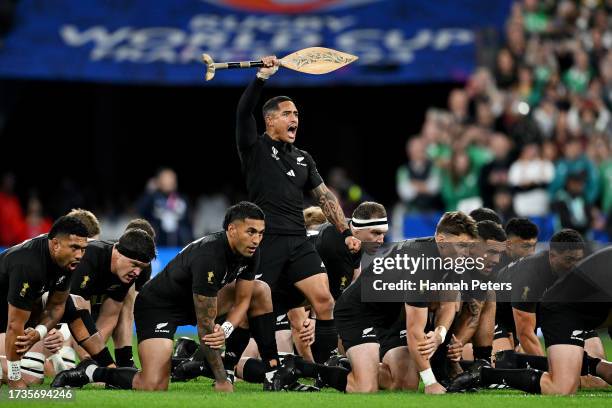 Aaron Smith of New Zealand leads the Haka prior to kick-off ahead of the Rugby World Cup France 2023 Quarter Final match between Ireland and New...