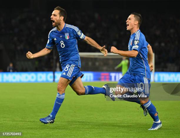 Giacomo Bonaventura of Italy celebrates with Giacomo Raspadori after scoring the goal during the UEFA EURO 2024 European qualifier match between...