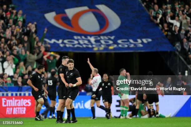 Beauden Barrett of New Zealand celebrates as Leicester Fainga'anuku of New Zealand scores his team's first try during the Rugby World Cup France 2023...