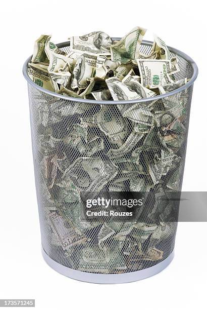 trashed american dollars - wastepaper basket stock pictures, royalty-free photos & images