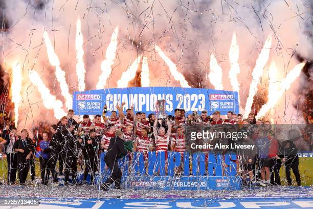 Liam Farrell of Wigan Warriors lifts Betfred Super League Grand Final trophy during the Betfred Super League Final match between Wigan Warriors v...