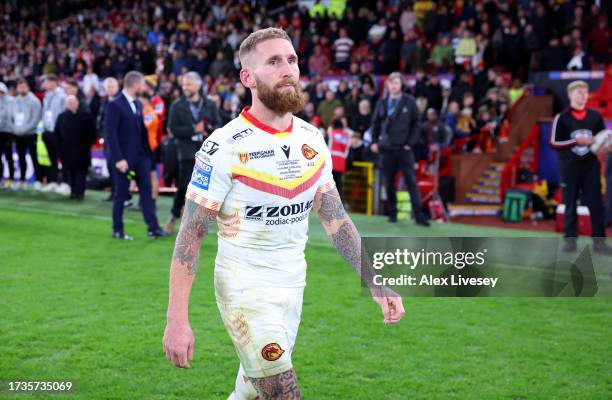 Sam Tomkins of Catalans Dragons looks dejected following the team's defeat during the Betfred Super League Final match between Wigan Warriors v...