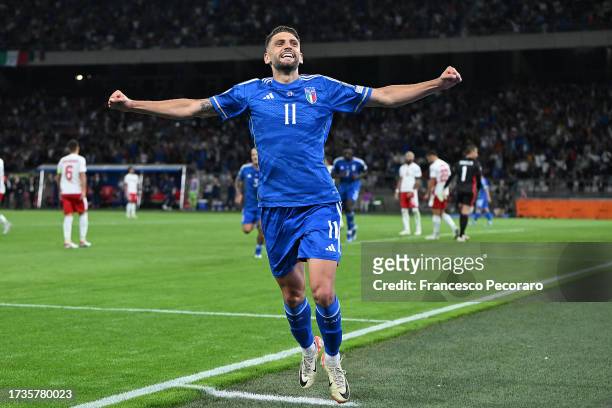 Domenico Berardi of Italy celebrates after scoring his side third goal during the UEFA EURO 2024 European qualifier match between Italy and Malta at...