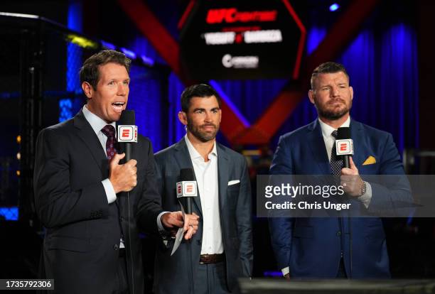 Brendan Fitzgerald, Dominick Cruz, and Michael Bisping anchor the broadcast during the UFC Fight Night event at UFC APEX on October 14, 2023 in Las...