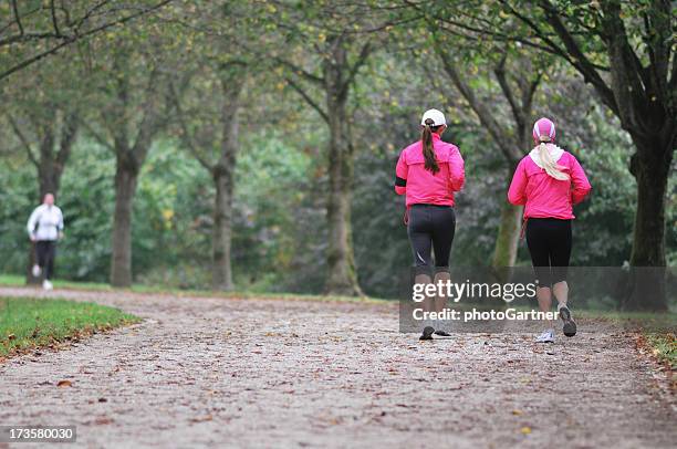 ragazze in esecuzione in autunno nebbia - lentezza foto e immagini stock