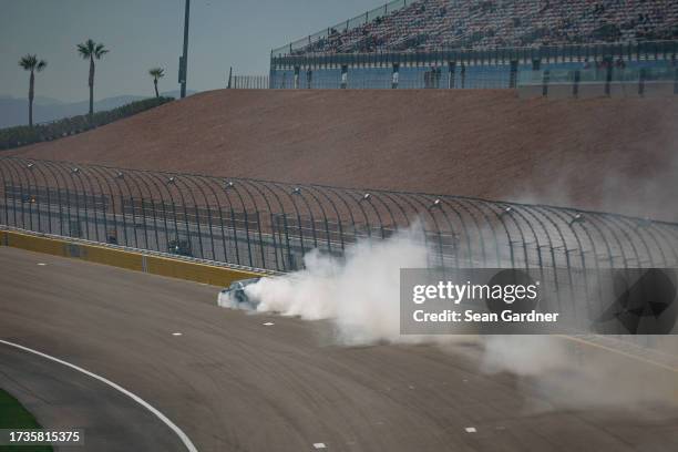 Patrick Emerling, driver of the The Meredith Haga Foundation Chevrolet, drives after the engine expires during the NASCAR Xfinity Series Alsco...