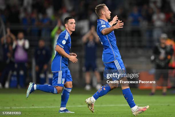 Davide Frattesi of Italy celebrates after scoring his side fourth goal during the UEFA EURO 2024 European qualifier match between Italy and Malta at...