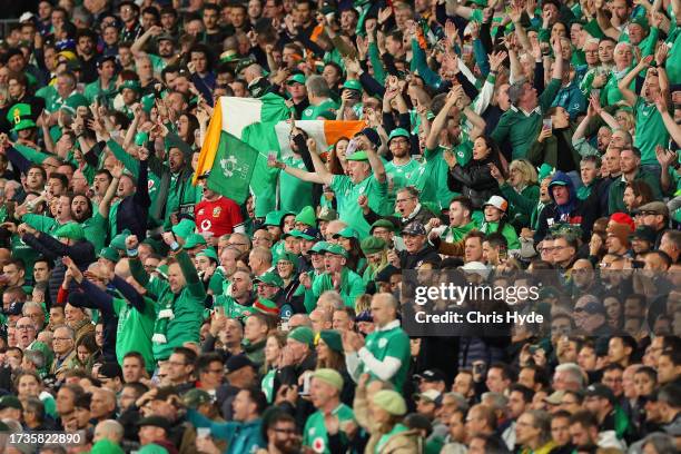 Ireland fans show their support during the Rugby World Cup France 2023 Quarter Final match between Ireland and New Zealand at Stade de France on...