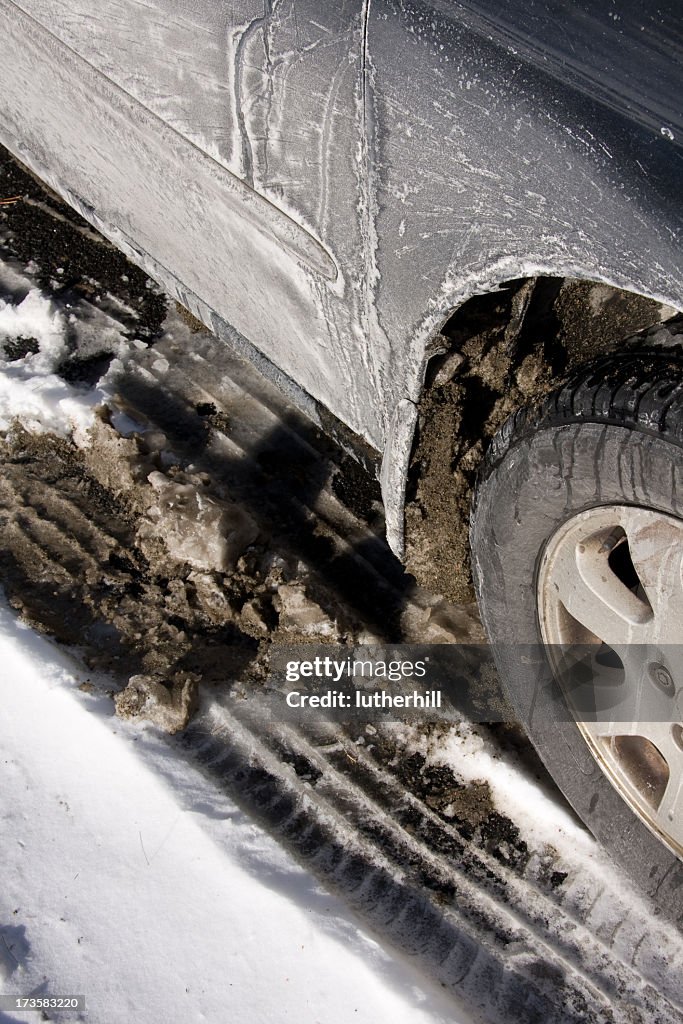 Car with slush, snow and salt