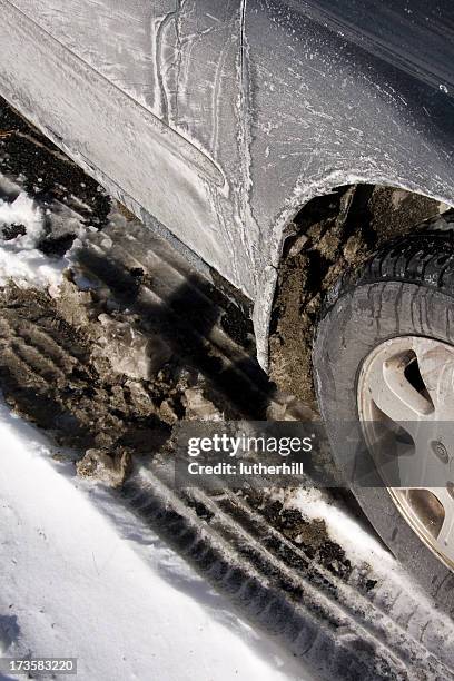 car with slush, snow and salt - snösörja bildbanksfoton och bilder