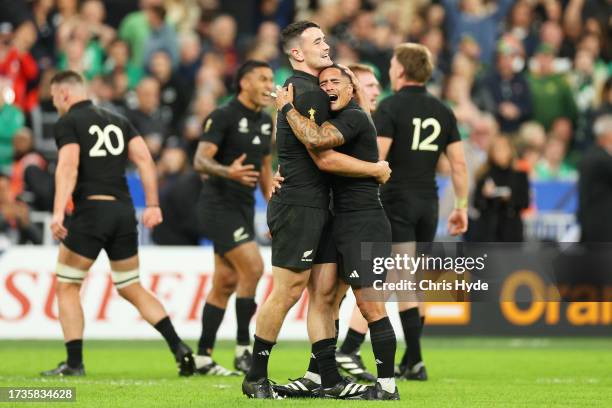 Will Jordan and Aaron Smith of New Zealand celebrate following the team's victory during the Rugby World Cup France 2023 Quarter Final match between...