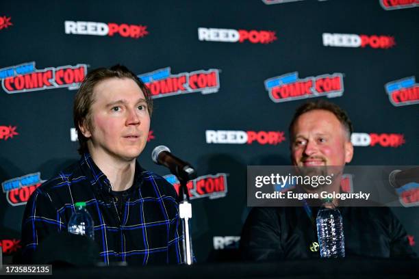 Paul Dano and Stevan Subic speak at The Riddler: Year One panel during New York Comic Con 2023 - Day 3 at Javits Center on October 14, 2023 in New...