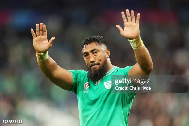 Bundee Aki of Ireland acknowledges the fans following the team's defeat during the Rugby World Cup France 2023 Quarter Final match between Ireland...