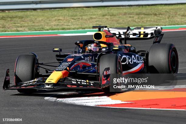 Red Bull Racing's Dutch driver Max Verstappen races during the qualifying session for the 2023 United States Formula One Grand Prix at the Circuit of...