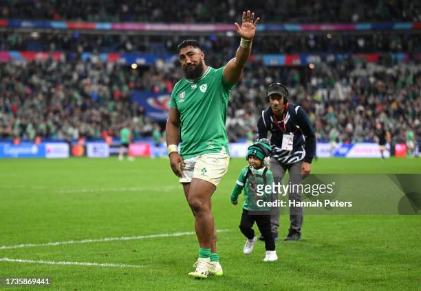 Bundee Aki of Ireland looks dejected as he shows his appreciation to the fans at full-time after their team's loss in the Rugby World Cup France 2023...