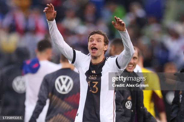 Thomas Mueller of German celebrates victory after the international friendly match between Germany and United States at Pratt & Whitney Stadium on...