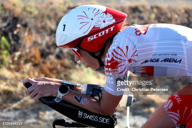 Lisa Norden of Sweden competes on the bike during the VinFast IRONMAN World Championship on October 14, 2023 in Kailua Kona, Hawaii.