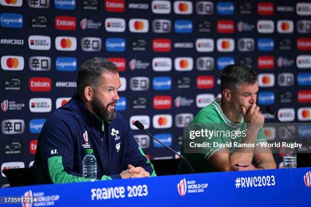 Andy Farrell, Head Coach of Ireland, and Johnny Sexton of Ireland speak to the media in the post match press conference following the Rugby World Cup...