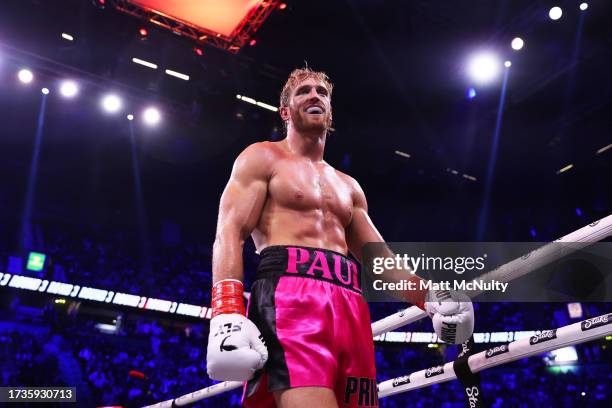 Logan Paul reacts during the Misfits Heavyweight fight between Logan Paul and Dillon Danis at AO Arena on October 14, 2023 in Manchester, England.