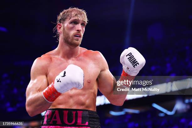 Logan Paul looks on during the Misfits Heavyweight fight between Logan Paul and Dillon Danis at AO Arena on October 14, 2023 in Manchester, England.