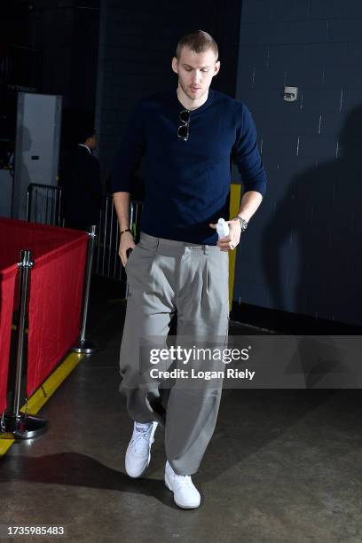 Jock Landale of the Houston Rockets arrives to the arena before the game against the Miami Heat on October 20, 2023 at the Toyota Center in Houston,...