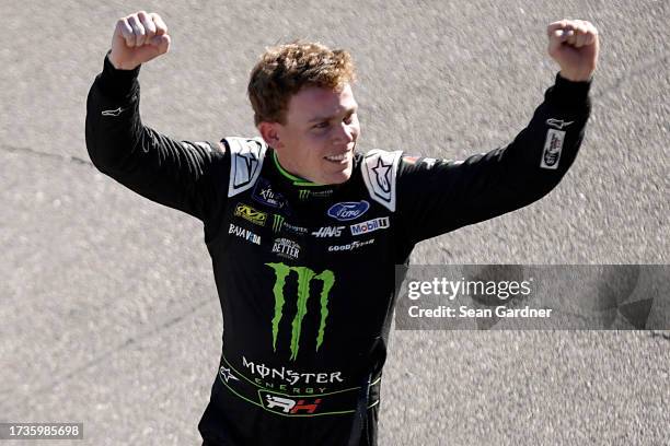 Riley Herbst, driver of the Monster Energy Ford, celebrates after winning the NASCAR Xfinity Series Alsco Uniforms 302 at Las Vegas Motor Speedway on...