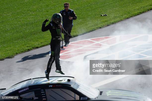 Riley Herbst, driver of the Monster Energy Ford, celebrates after winning the NASCAR Xfinity Series Alsco Uniforms 302 at Las Vegas Motor Speedway on...