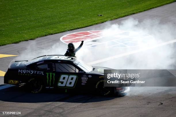 Riley Herbst, driver of the Monster Energy Ford, celebrates after winning the NASCAR Xfinity Series Alsco Uniforms 302 at Las Vegas Motor Speedway on...