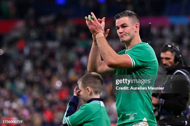 Johnny Sexton of Ireland salutes the fans after loosing the Rugby World Cup France 2023 Quarter Final match between Ireland and New Zealand at Stade...