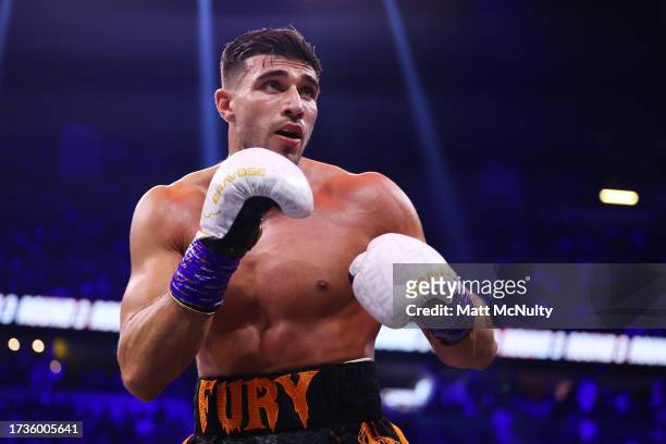Tommy Fury looks on during the Misfits Cruiserweight fight between KSI and Tommy Fury at AO Arena on October 14, 2023 in Manchester, England.