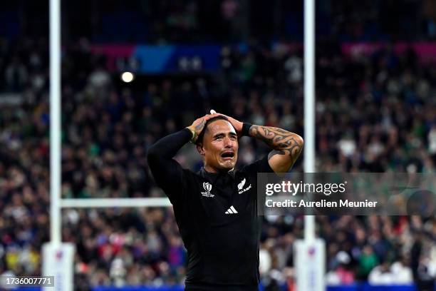 Aaron Smith of New Zealand reacts after winning the Rugby World Cup France 2023 Quarter Final match between Ireland and New Zealand at Stade de...