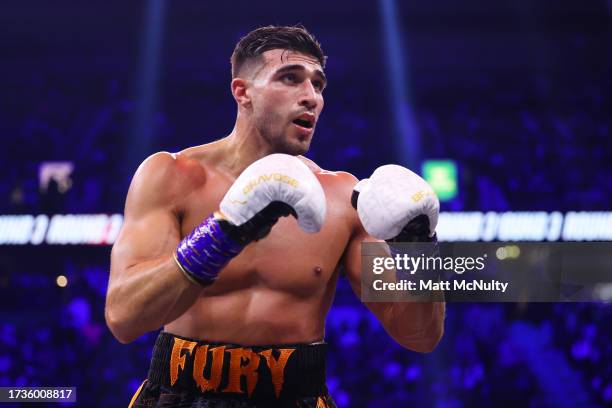 Tommy Fury looks on during the Misfits Cruiserweight fight between KSI and Tommy Fury at AO Arena on October 14, 2023 in Manchester, England.